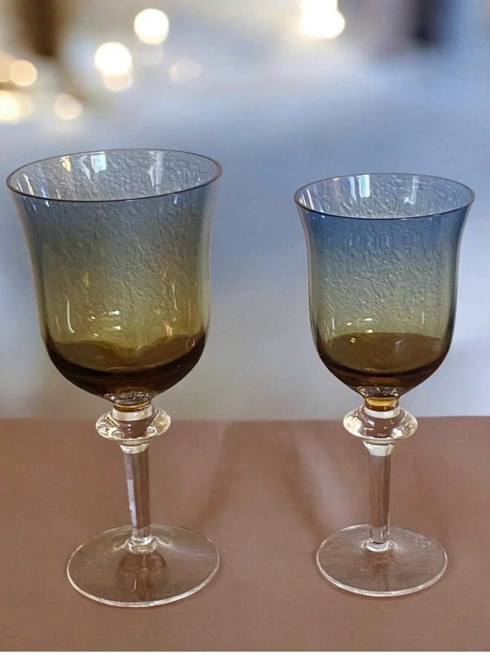 Rare Pair Vtg Ombre Blue & Amber Stemmed water Wine Glasses Handblown Sweden